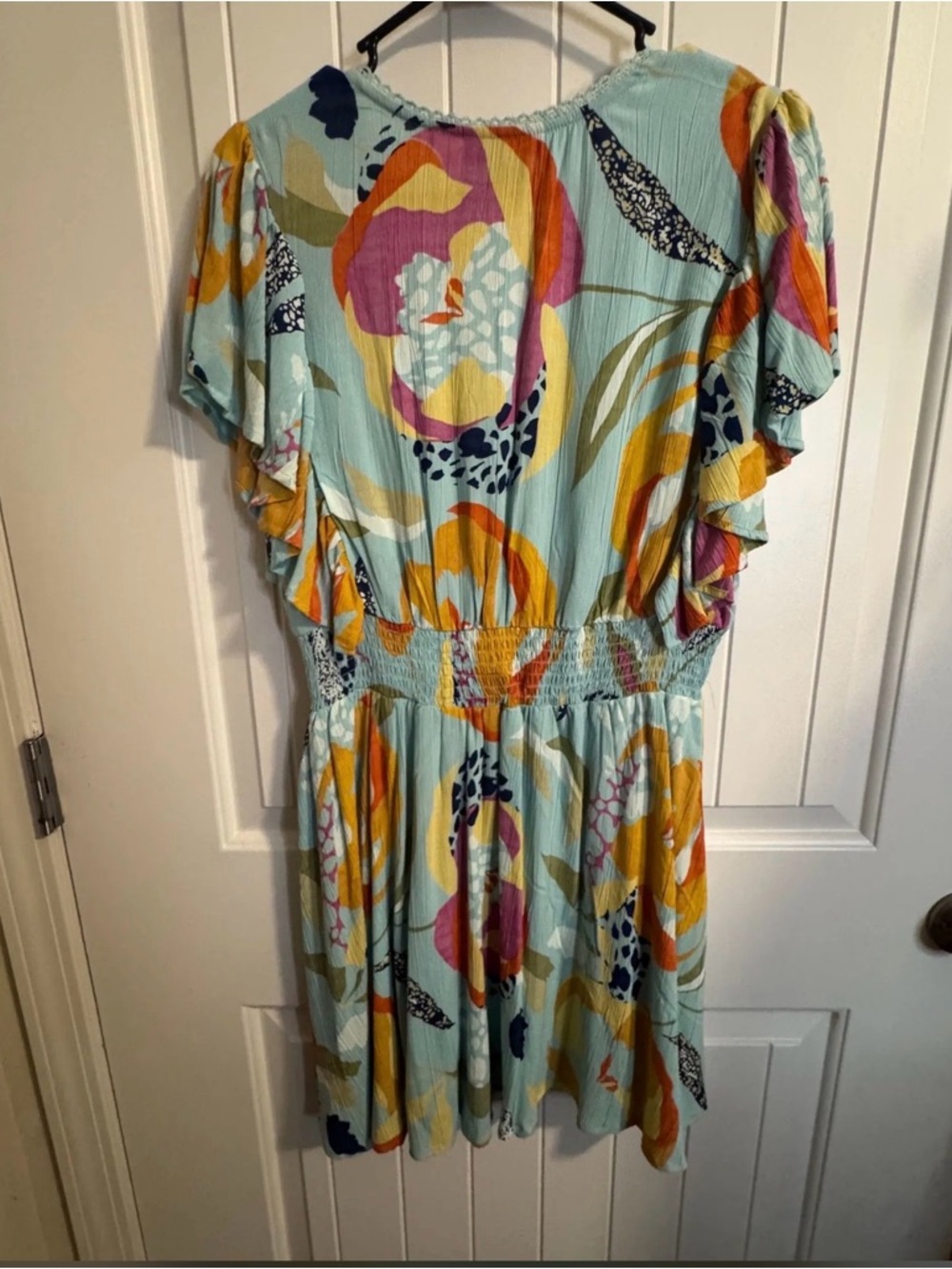 Angie Floral Abstract Print V-Neck Romper Dress in Aqua Multi - Picture 4 of 5